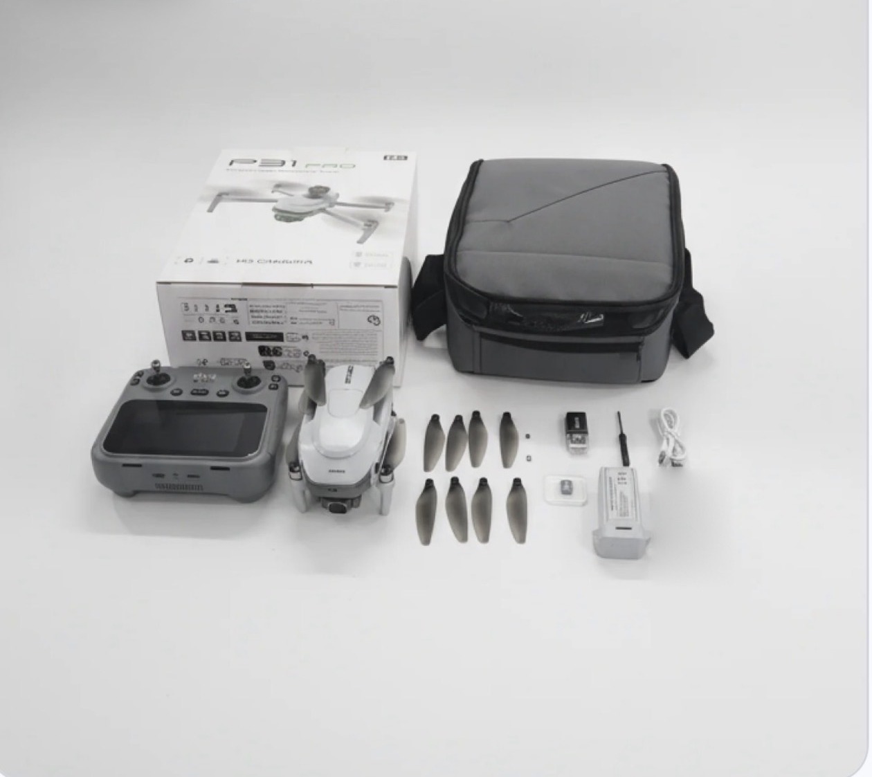 P31 Pro Drone — unboxing med controller, batterier, propeller og taske